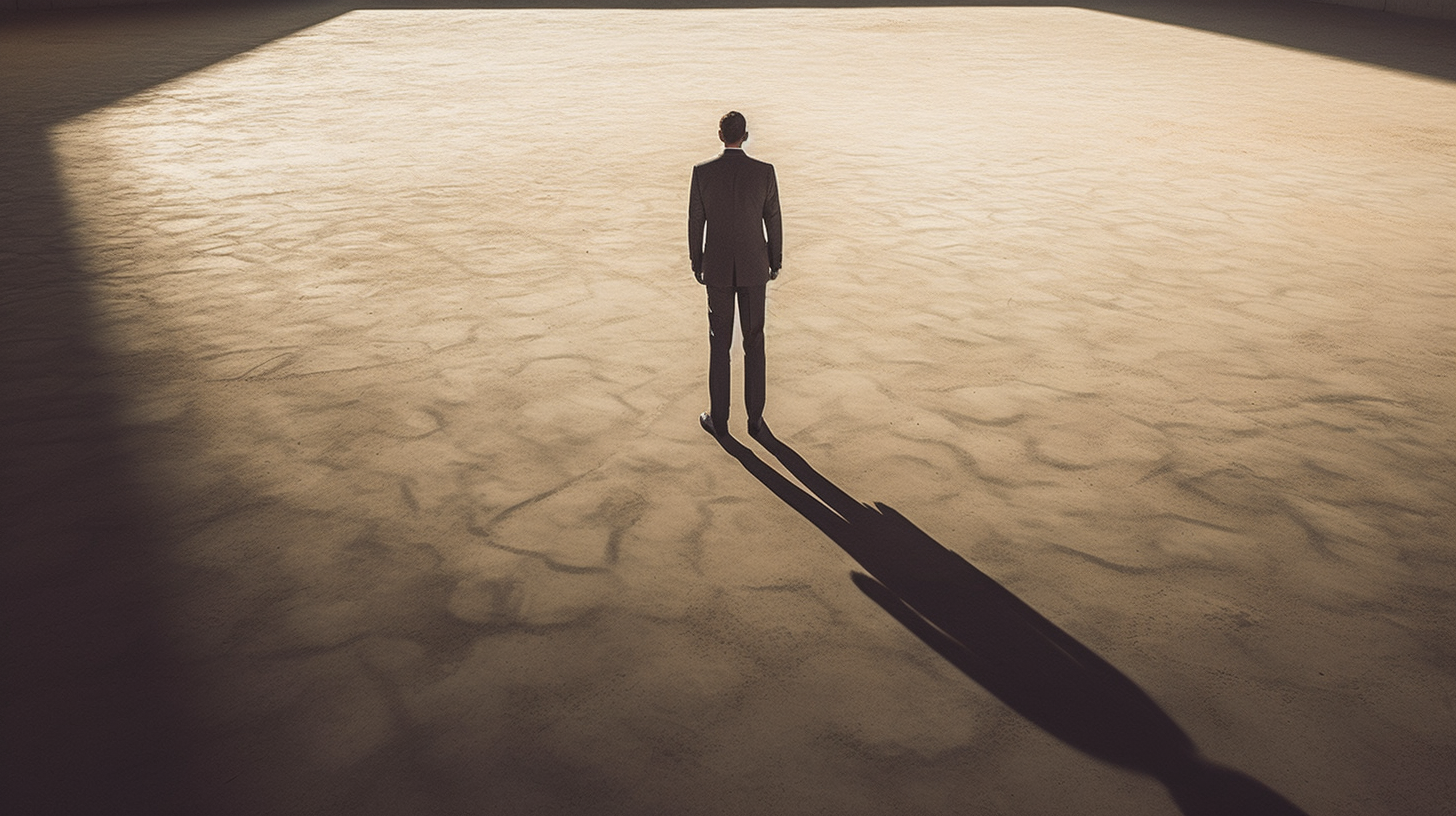 A detailed, ultra-realistic image of a man in a suit, standing alone in a vast, empty space, symbolizing his decision to walk away from a negotiation. The lighting is soft and diffused, casting long shadows and highlighting the man's solitude. The image is composed with the man off-center, leaving a large portion of the space empty, which represents the opportunities he's leaving behind.